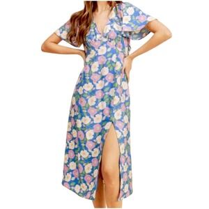 AEMI + CO Blue Pink Floral Flutter Sleeve Midi Dress Small Cottagecore Spring